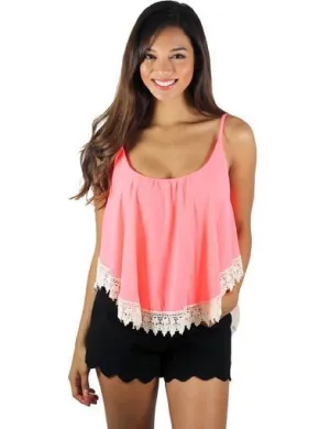 Neon Coral Crop Top With Crochet Trim