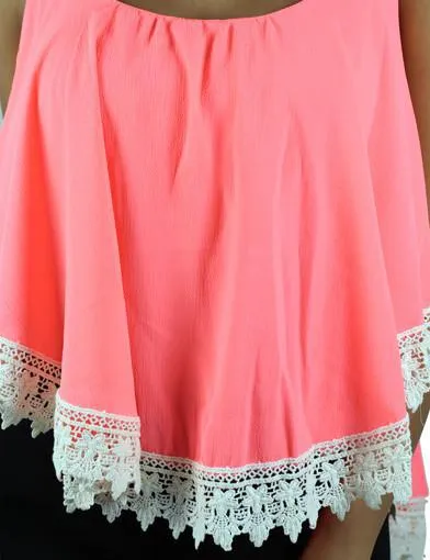 Neon Coral Crop Top With Crochet Trim