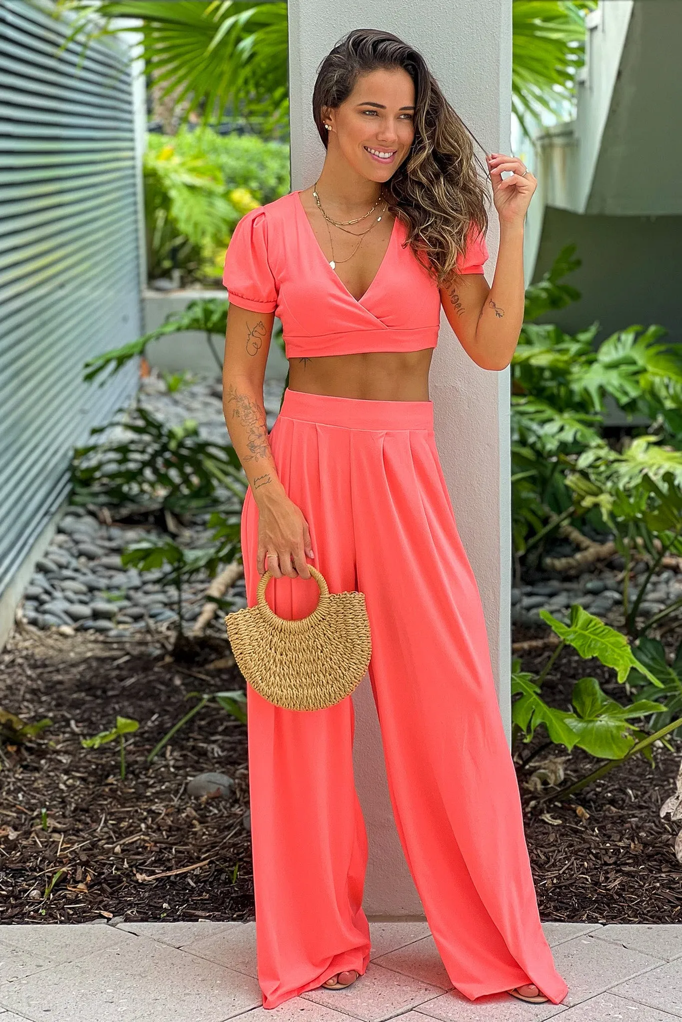 Neon Coral Pants And Crop Top Set