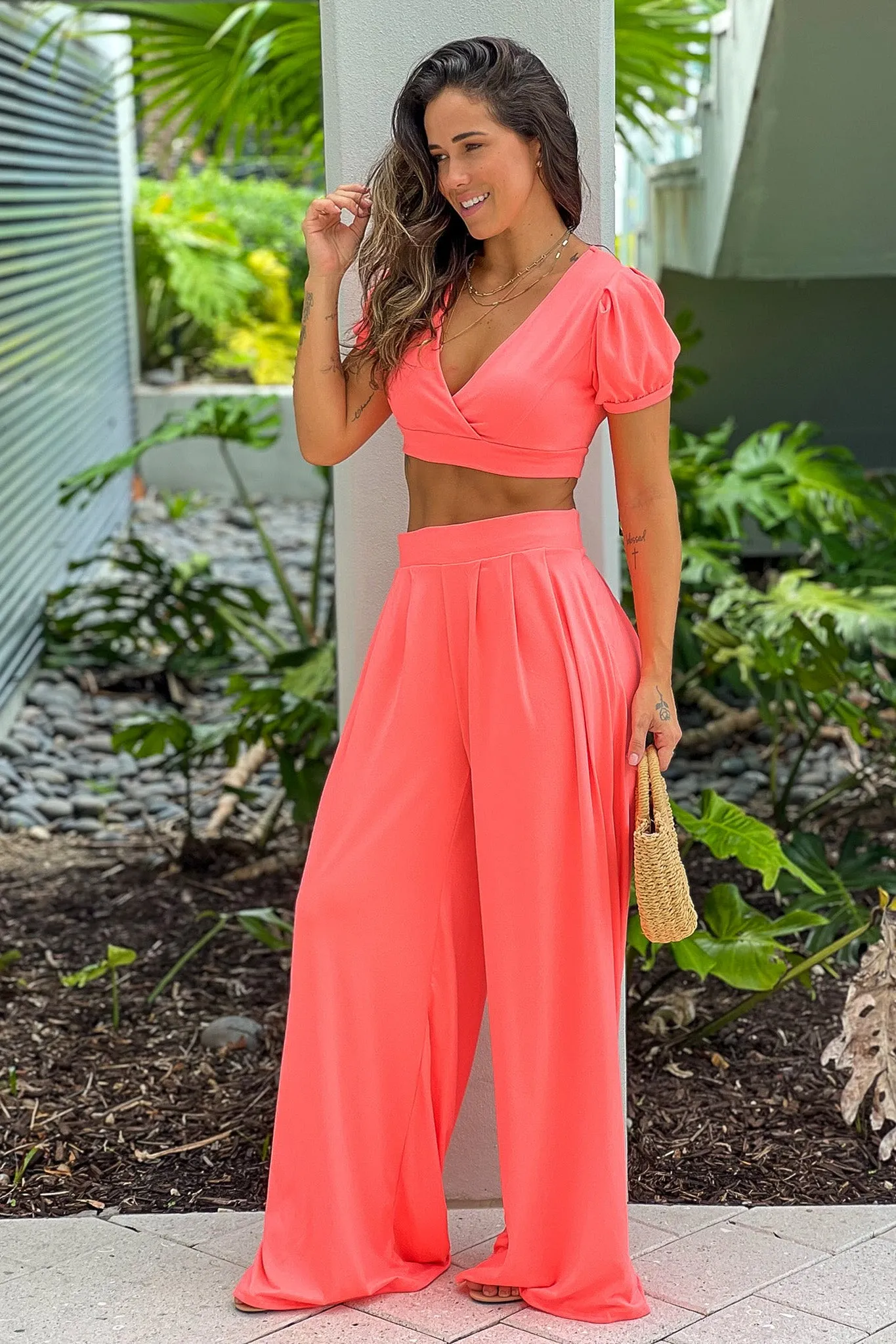 Neon Coral Pants And Crop Top Set