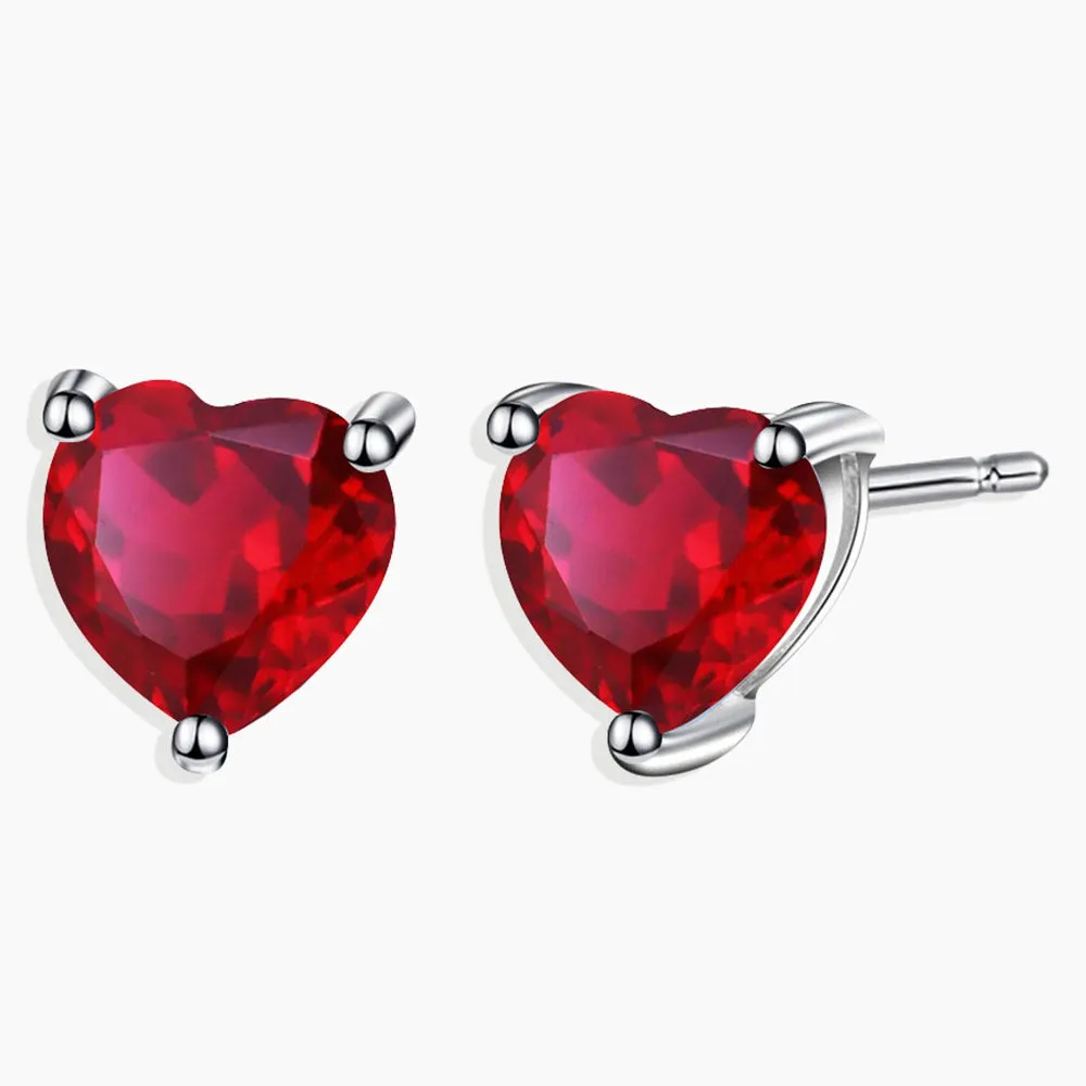 Paris Jewelry 14k White Gold Push Back Heart Created Ruby Sapphire Stud Earrings 3mm