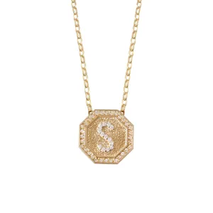 Personalized Initial Diamond Necklace Octagon Coin