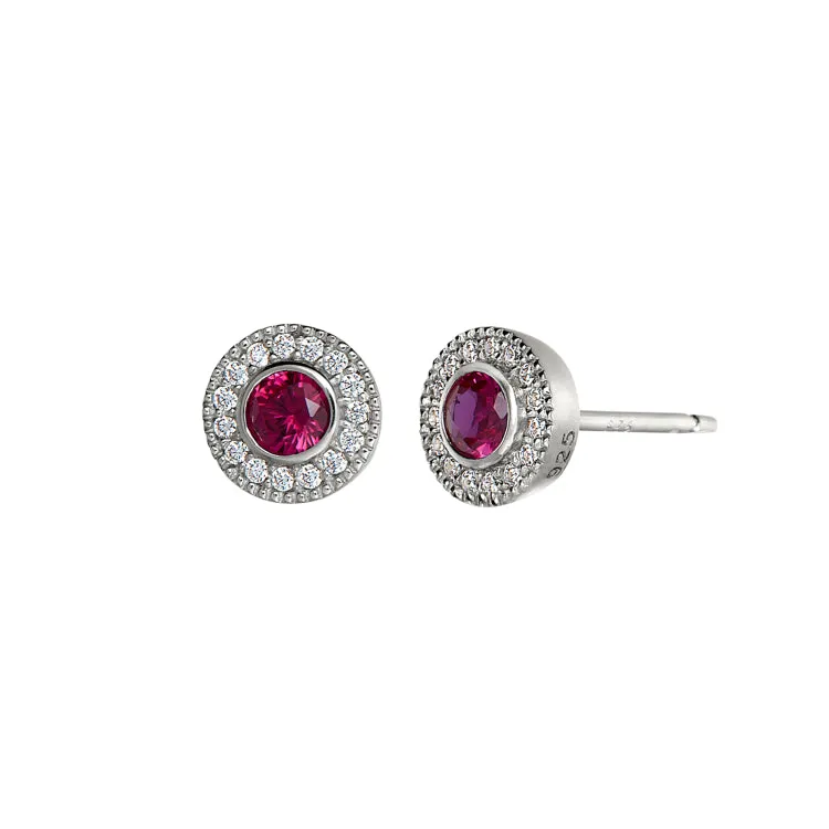 Platinum Finish Sterling Silver Micropave Round Simulated Ruby Earrings with Simulated Diamonds