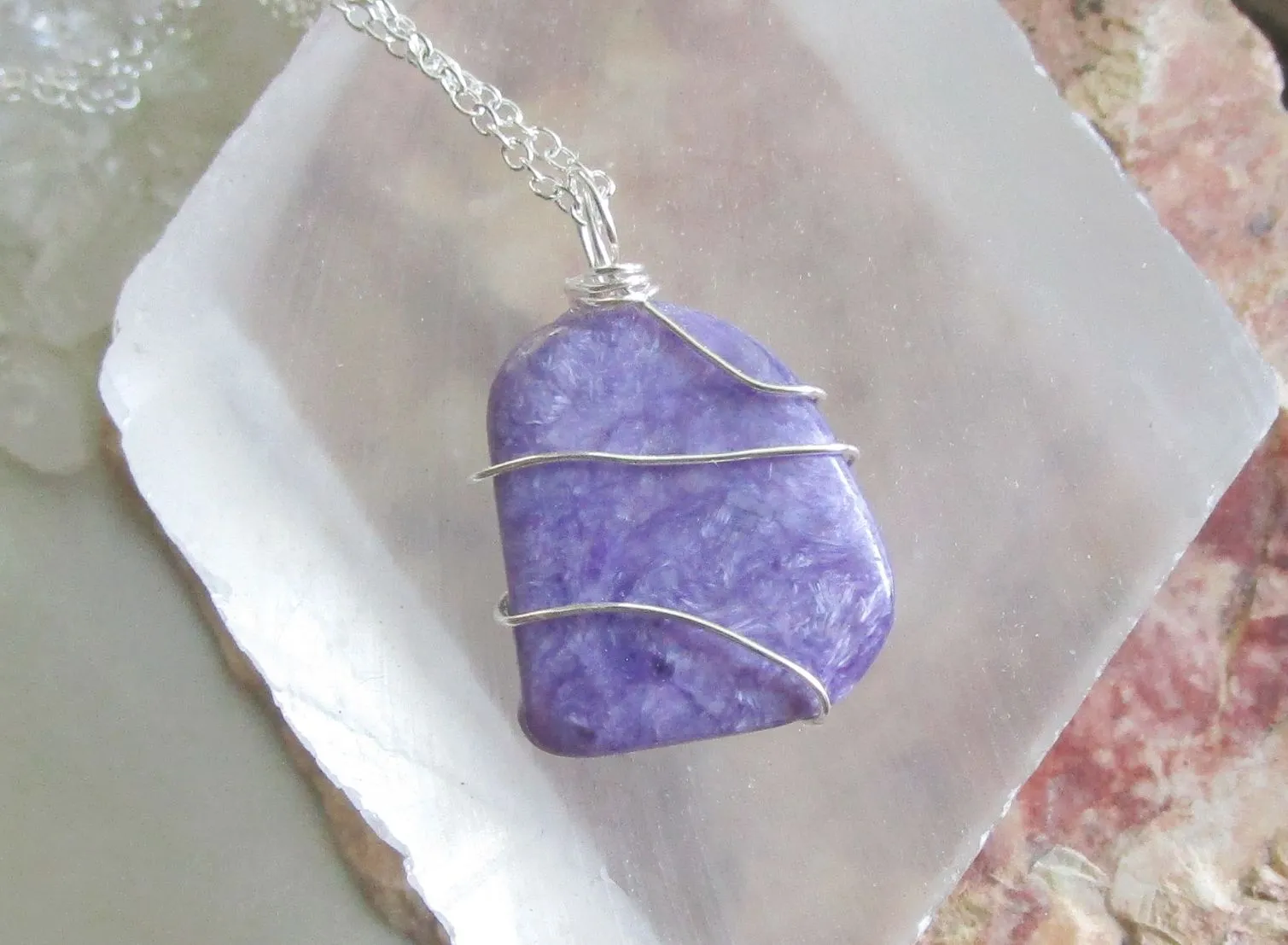 Purple Charoite Natural Gemstone Crystal Pendant Necklace