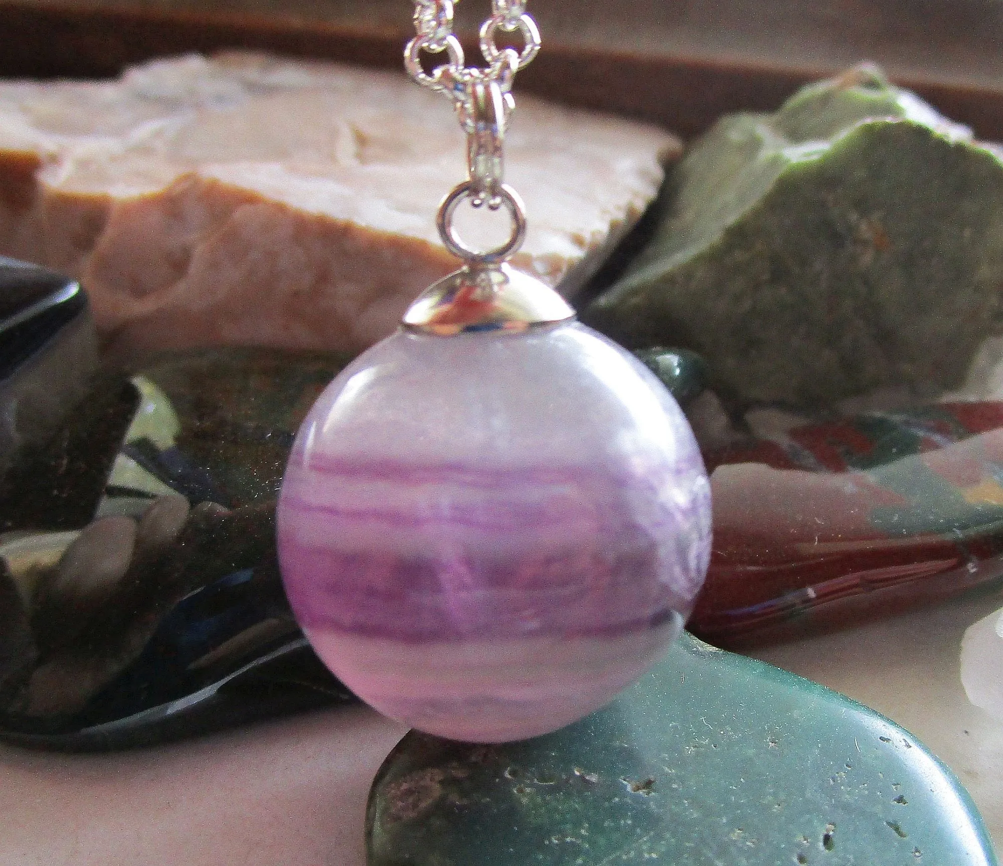 Purple Fluorite Banded Gemstone Crystal Ball Pendant Necklace