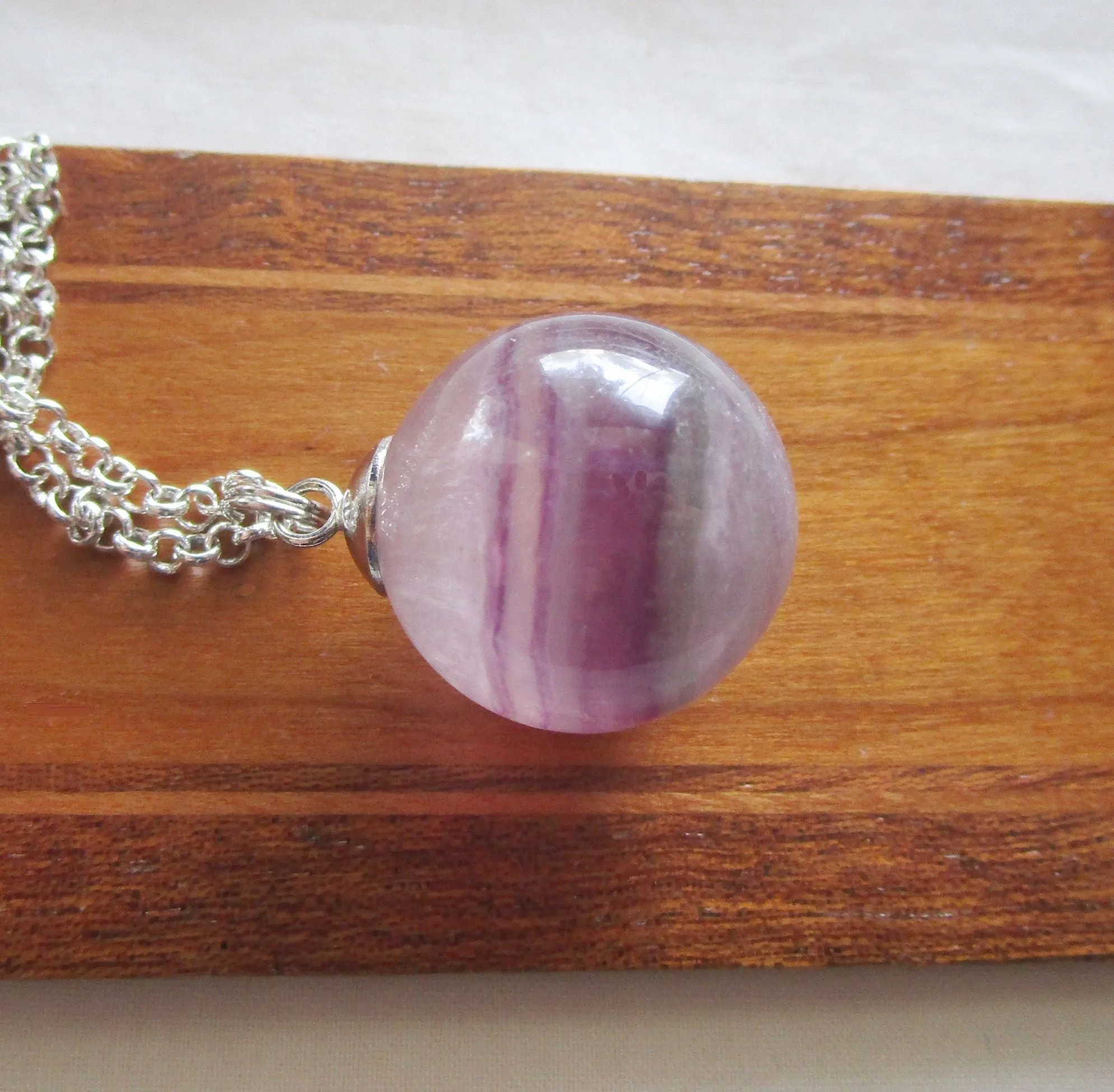 Purple Fluorite Banded Gemstone Crystal Ball Pendant Necklace