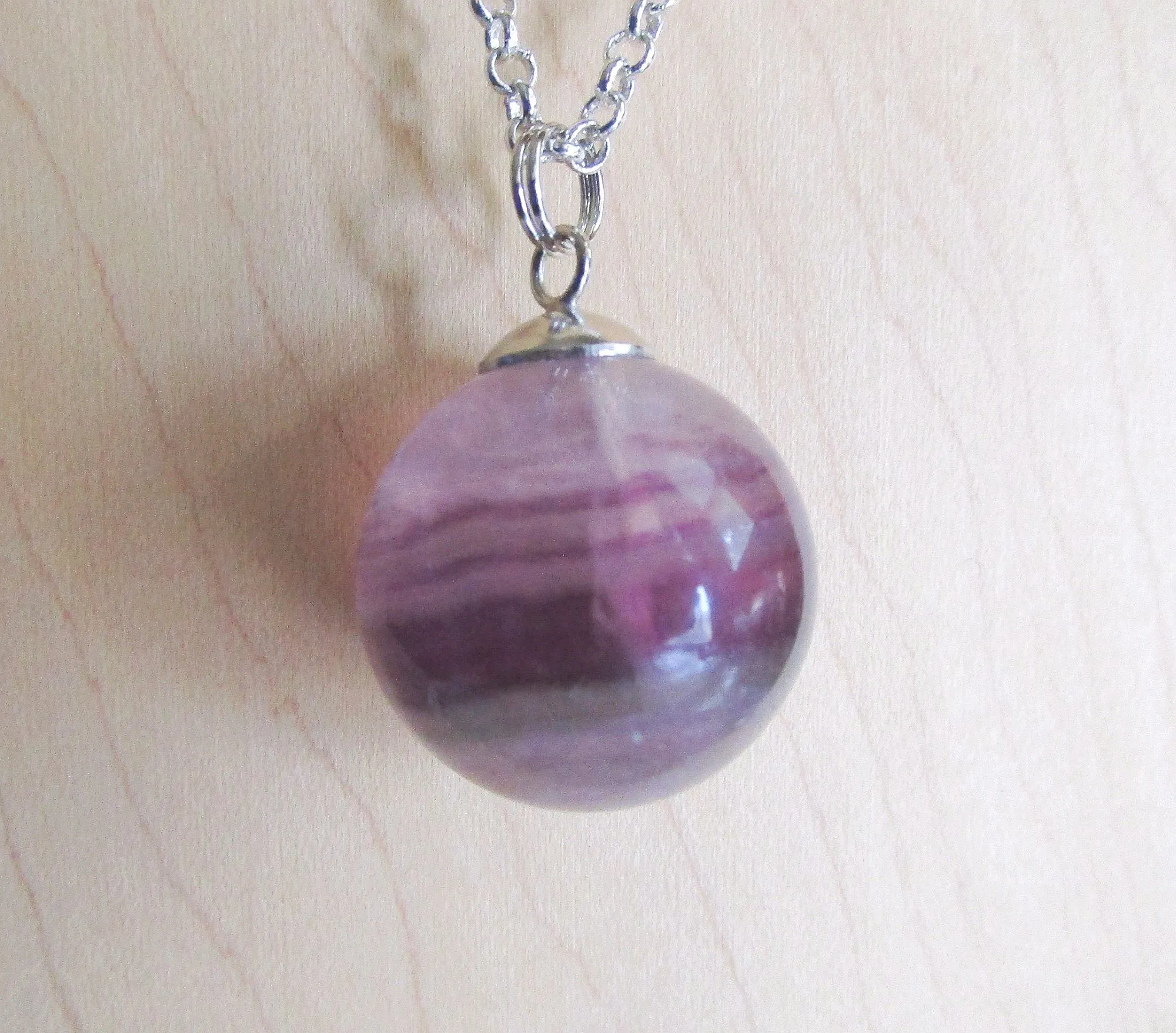 Purple Fluorite Banded Gemstone Crystal Ball Pendant Necklace