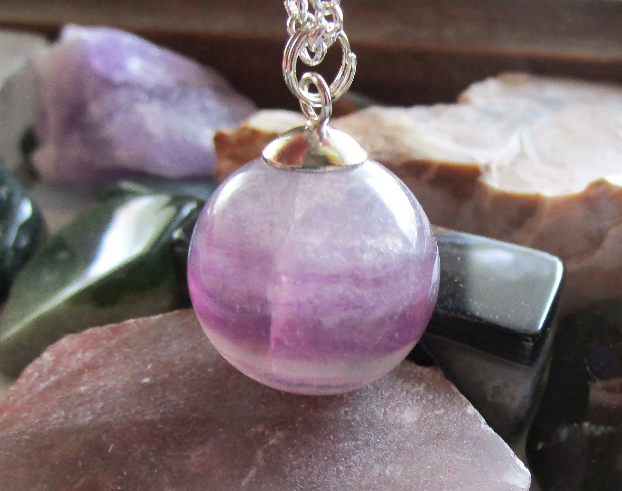 Purple Fluorite Banded Gemstone Crystal Ball Pendant Necklace