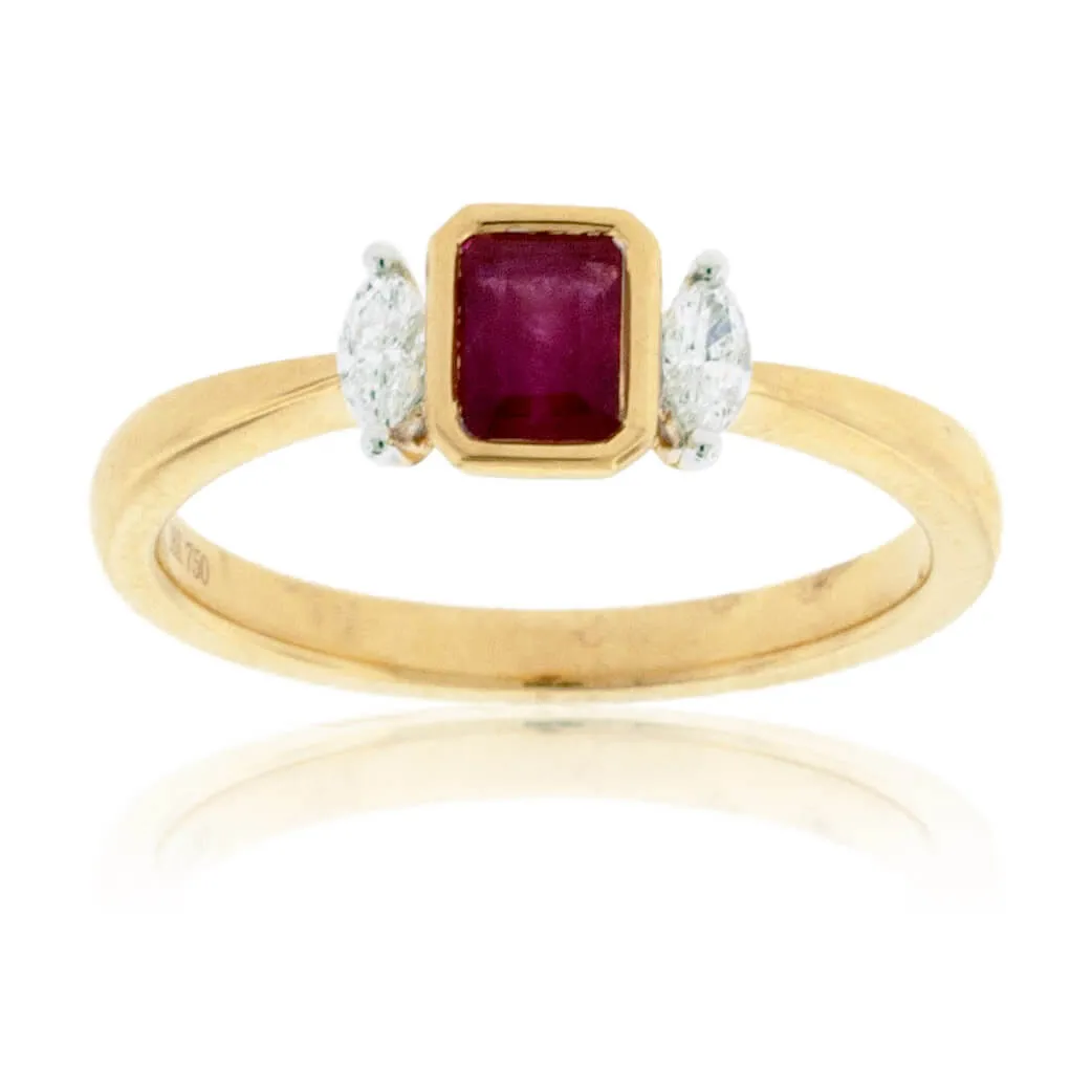 Red Beryl Emerald & Marquise Diamond Yellow Gold Ring