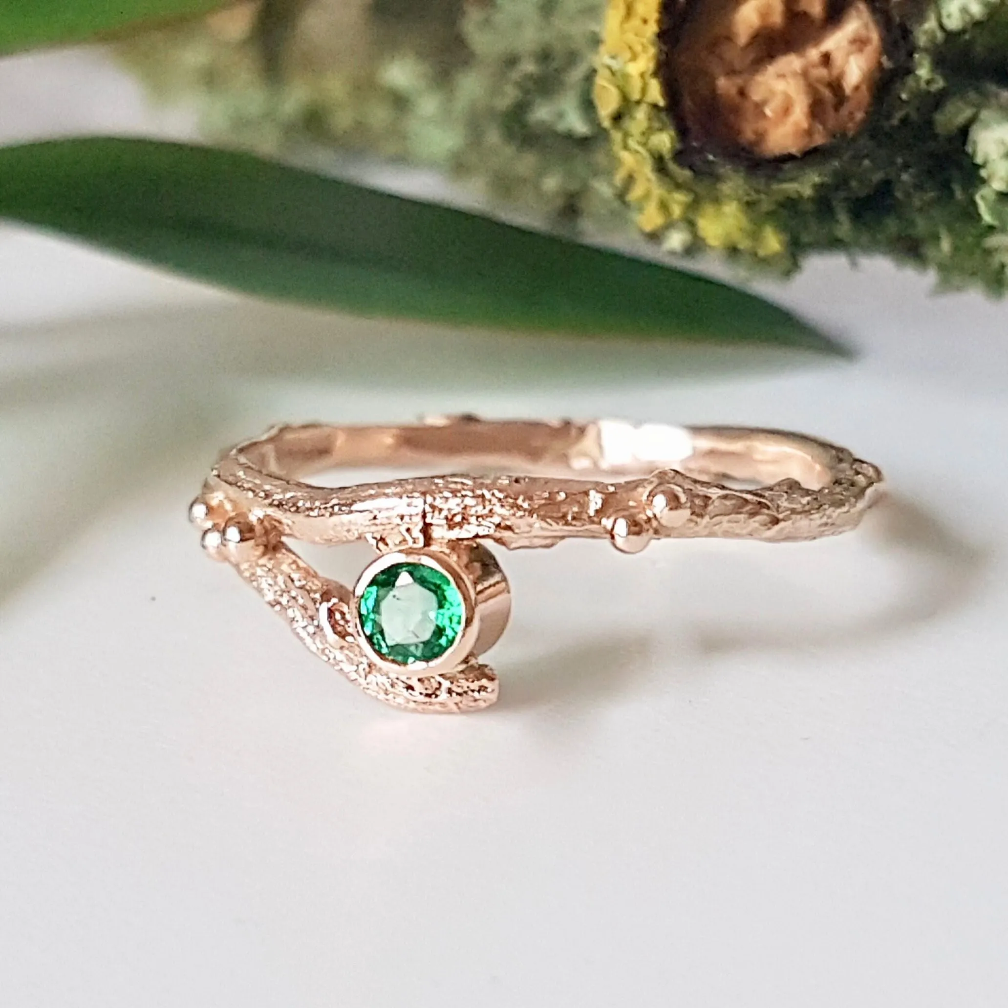 Rose Gold and Emerald Twig Engagement Ring-Rustic Wedding-May Birthstone-Unique Engagement Ring