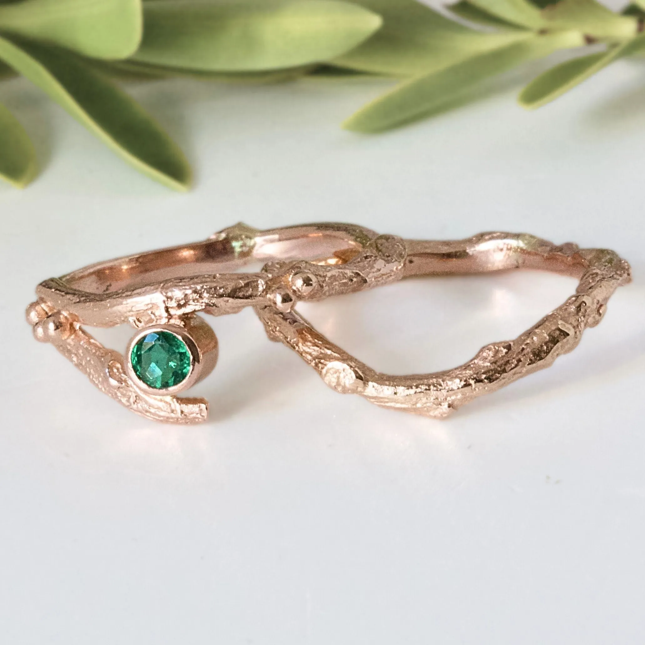 Rose Gold and Emerald Twig Engagement Ring-Rustic Wedding-May Birthstone-Unique Engagement Ring