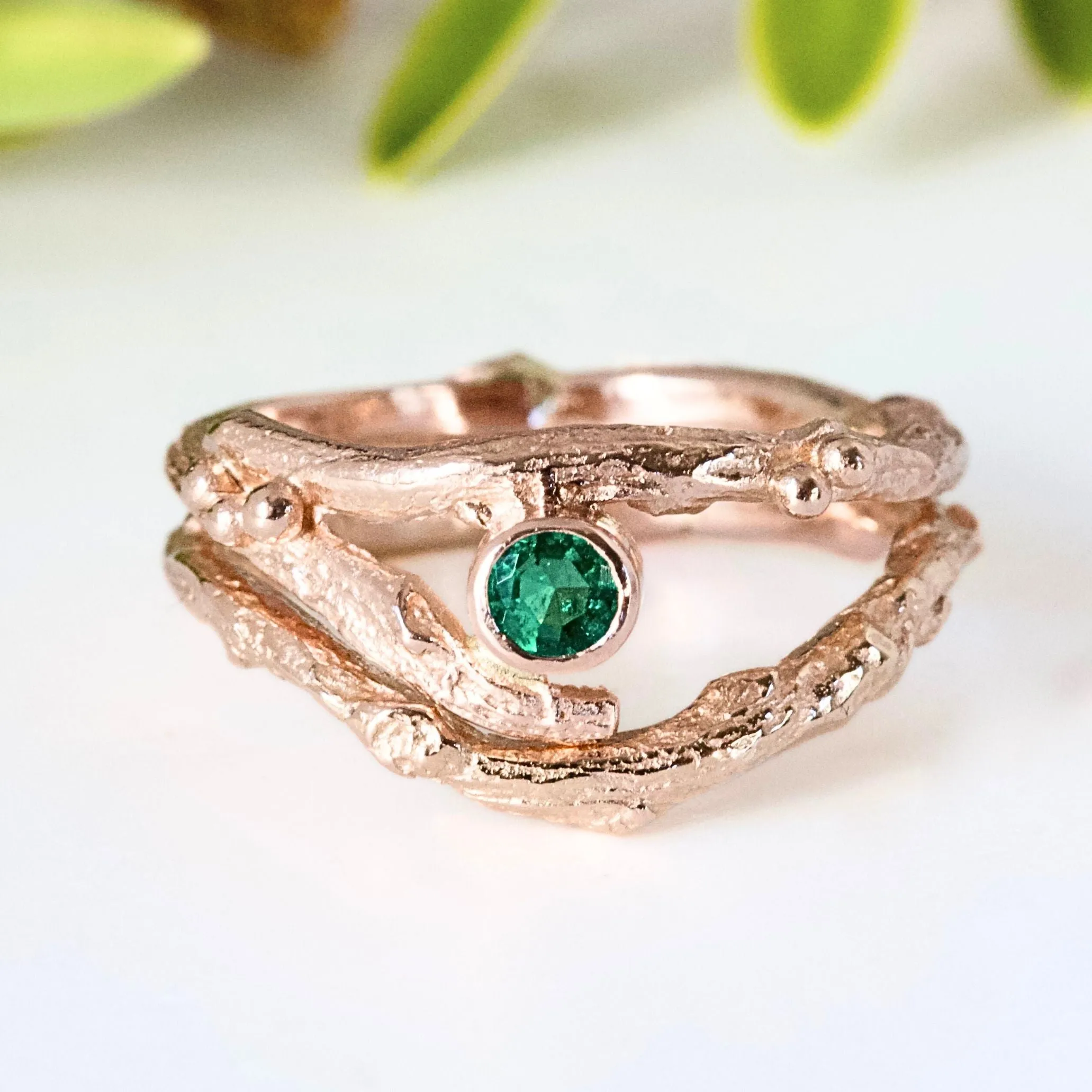 Rose Gold and Emerald Twig Engagement Ring-Rustic Wedding-May Birthstone-Unique Engagement Ring