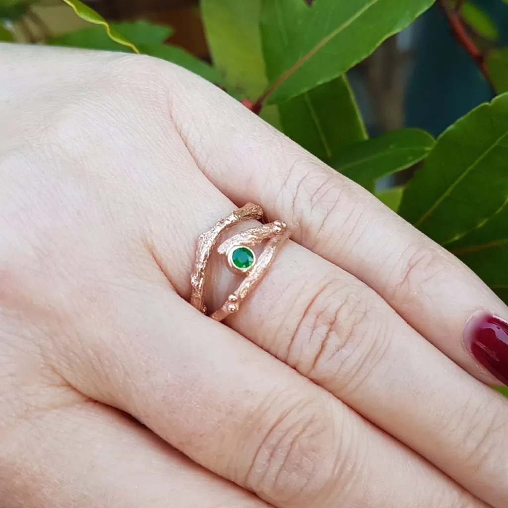 Rose Gold and Emerald Twig Engagement Ring-Rustic Wedding-May Birthstone-Unique Engagement Ring