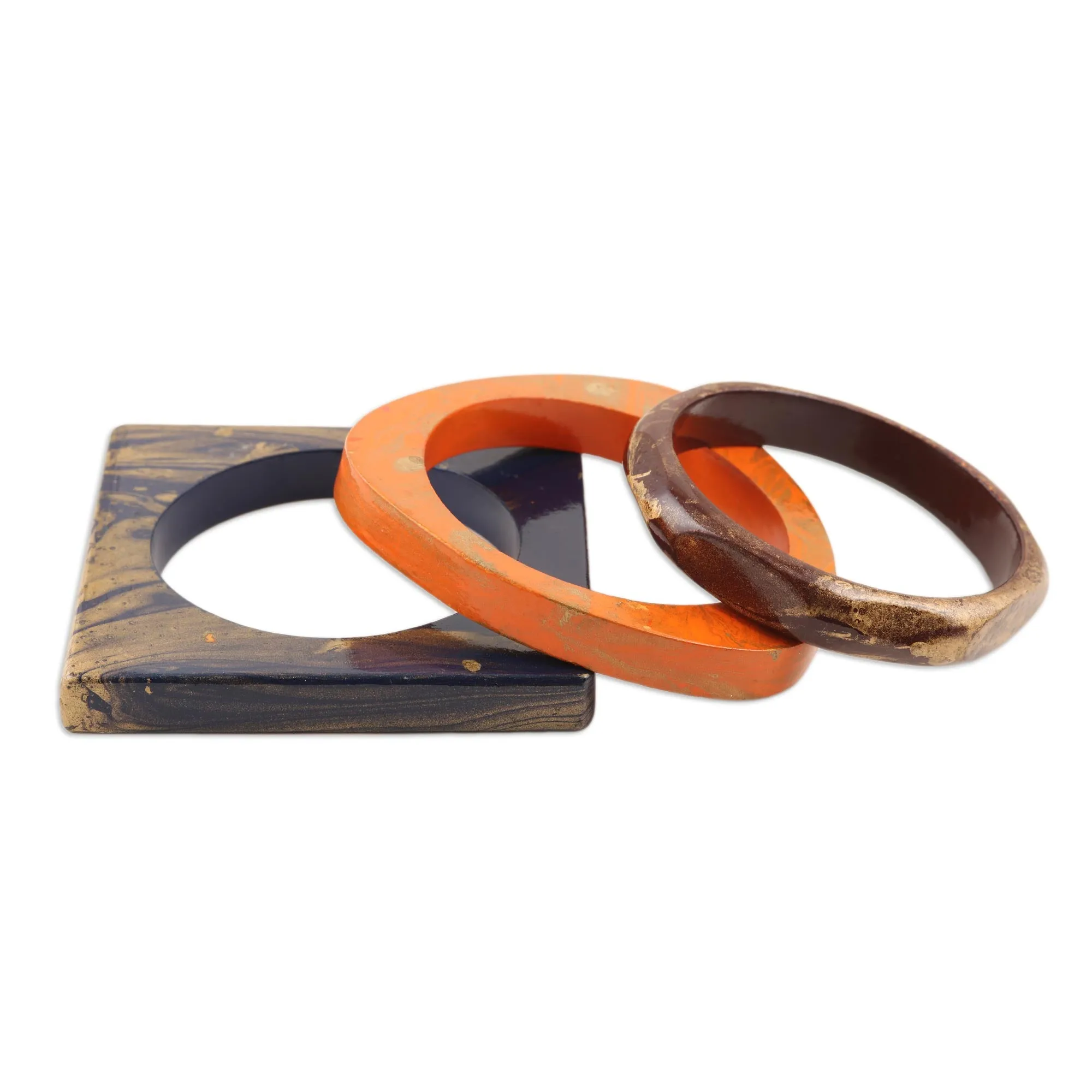 Set of 3 Mango Wood Bangle Bracelets in Vibrant Tones - Stylish Geometry | NOVICA