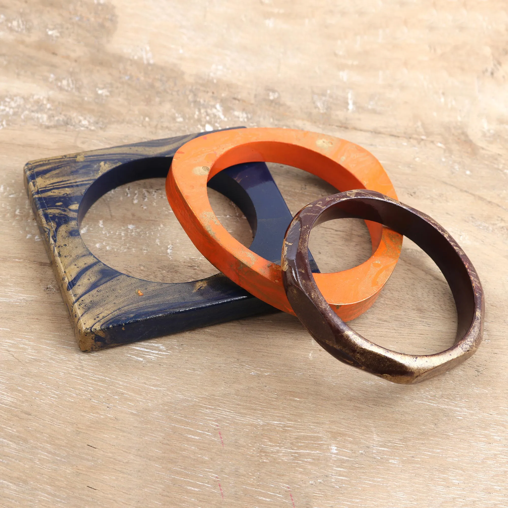 Set of 3 Mango Wood Bangle Bracelets in Vibrant Tones - Stylish Geometry | NOVICA