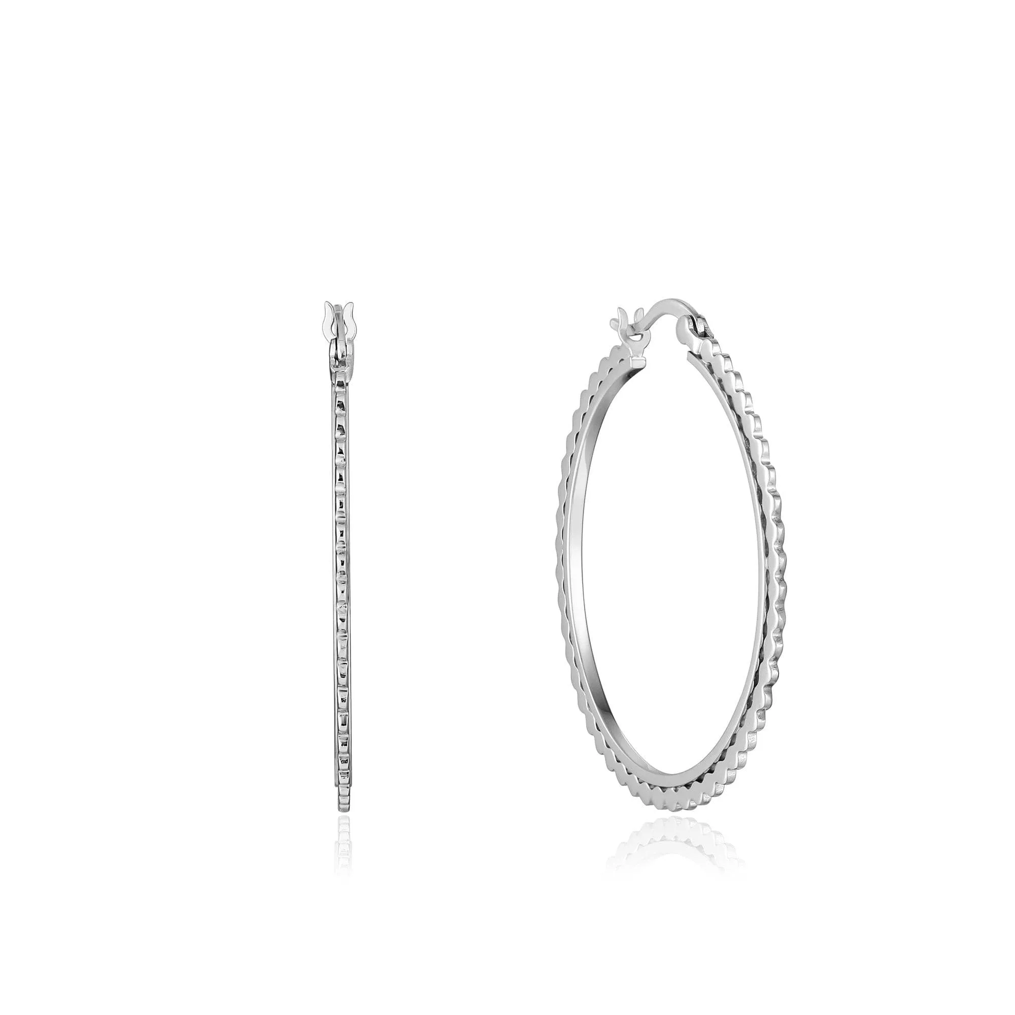 Silver Flat Beaded Hoop Earrings