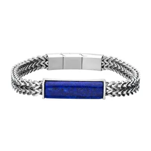 Silver Stainless Steel with Lapis Stone ID Tag Double Franco Chain Bracelet