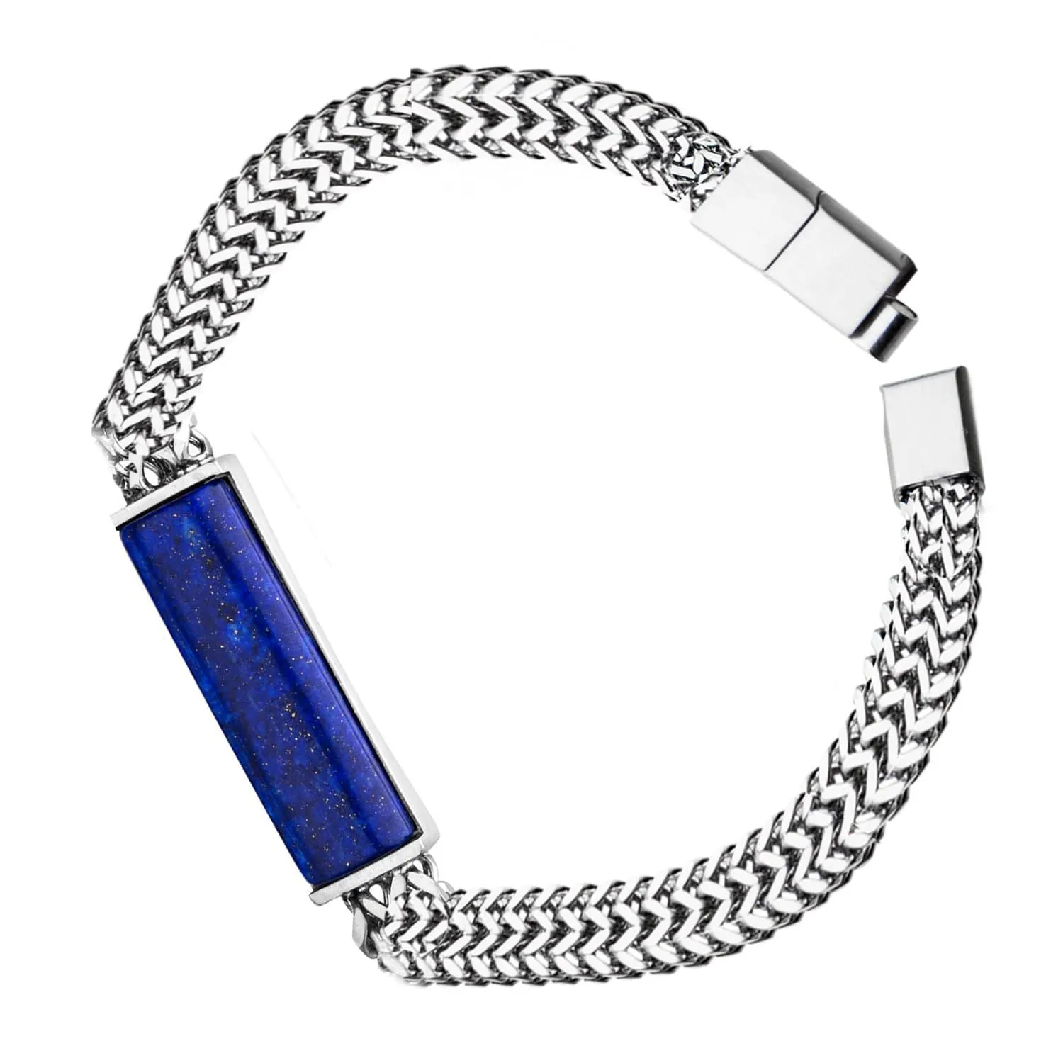 Silver Stainless Steel with Lapis Stone ID Tag Double Franco Chain Bracelet