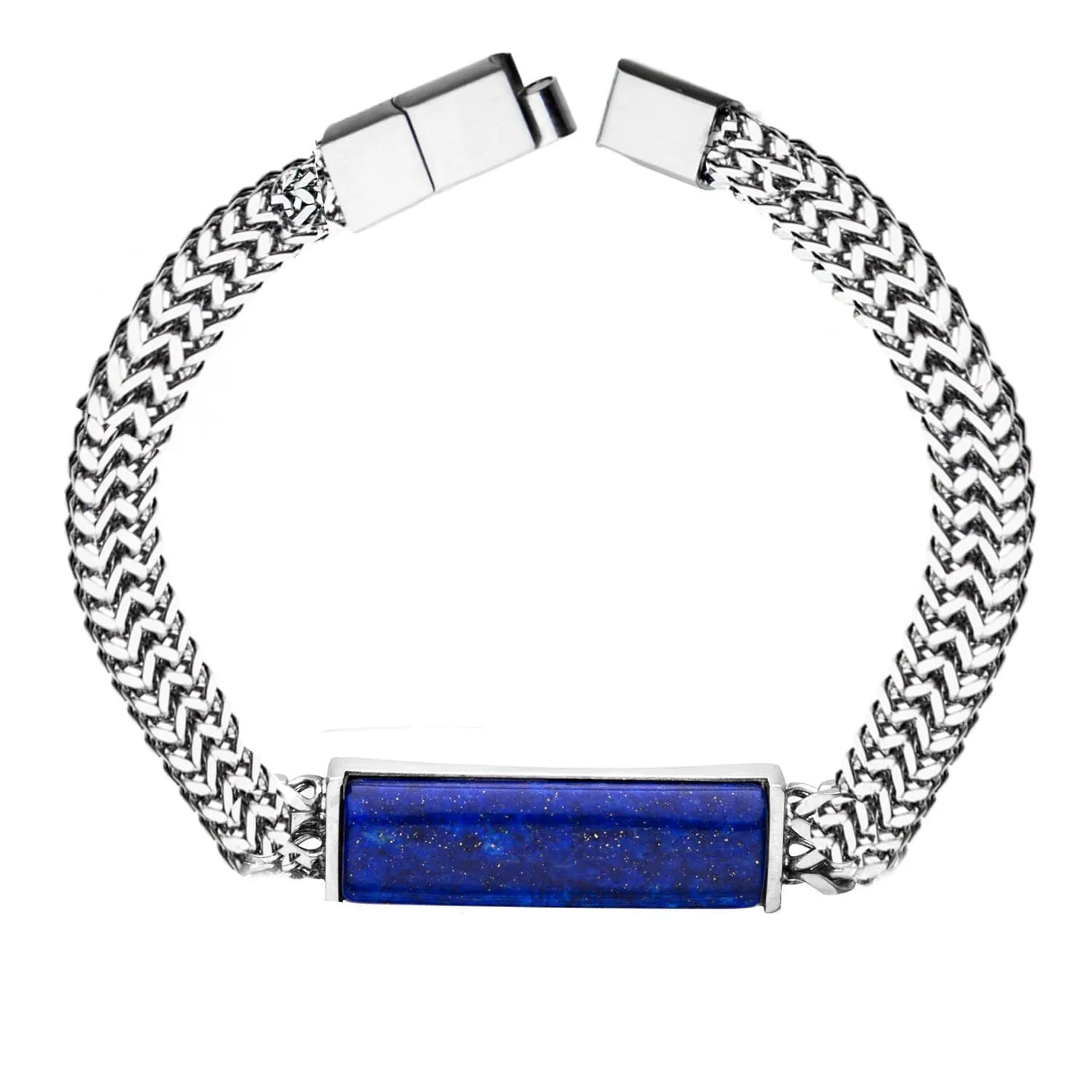 Silver Stainless Steel with Lapis Stone ID Tag Double Franco Chain Bracelet