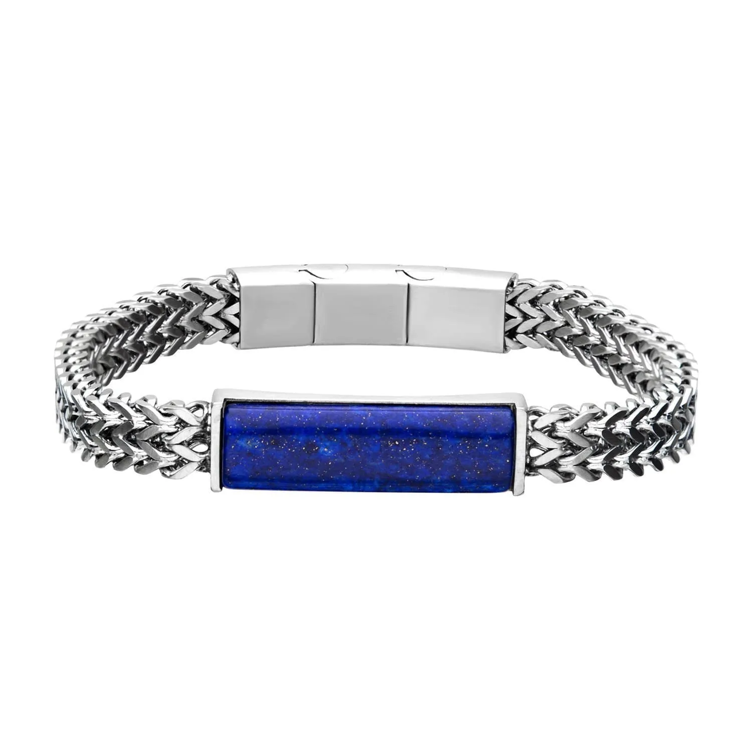 Silver Stainless Steel with Lapis Stone ID Tag Double Franco Chain Bracelet