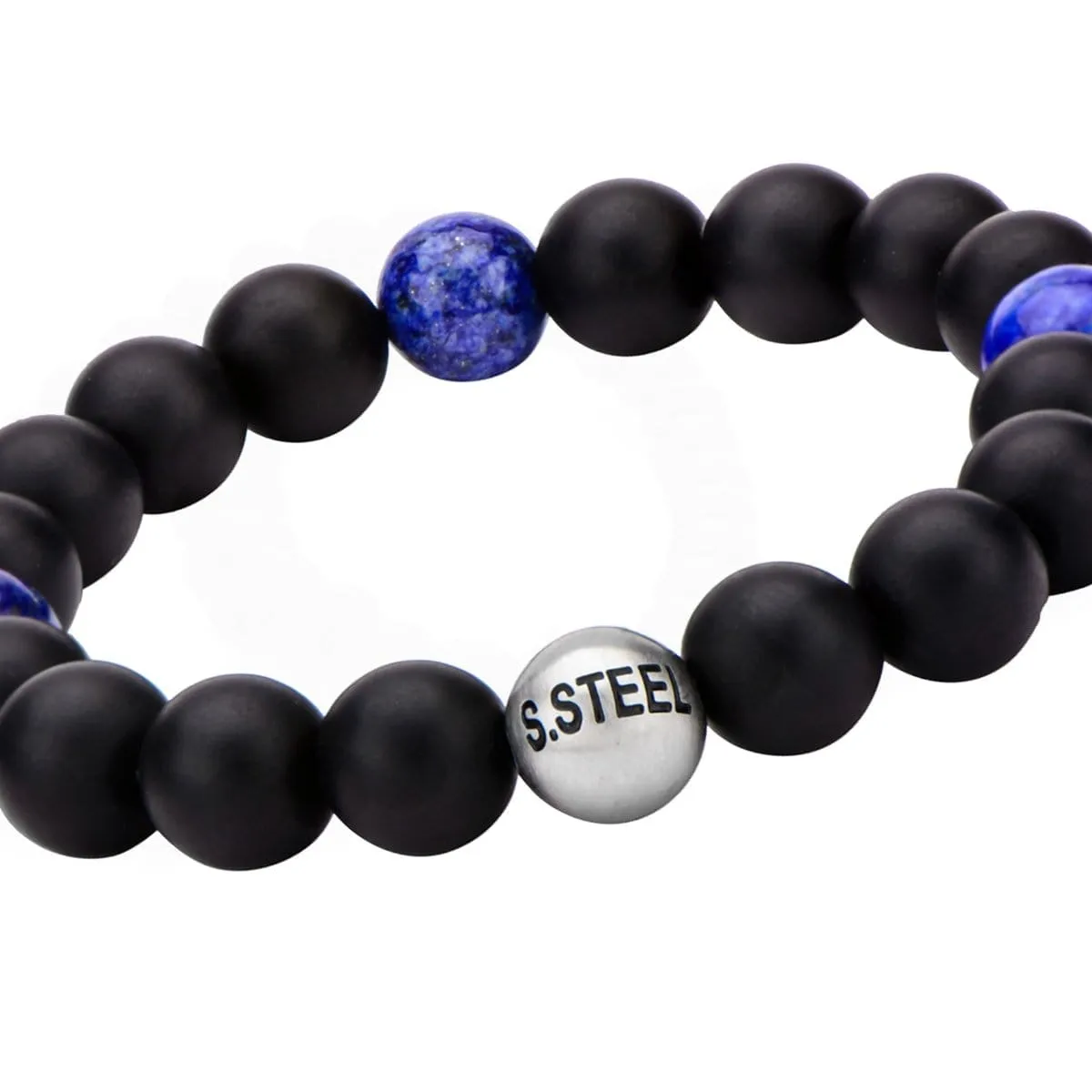 Silver Tone Stainless Steel Lapis Lazuli and Black Onyx Bead Stretch Bracelet