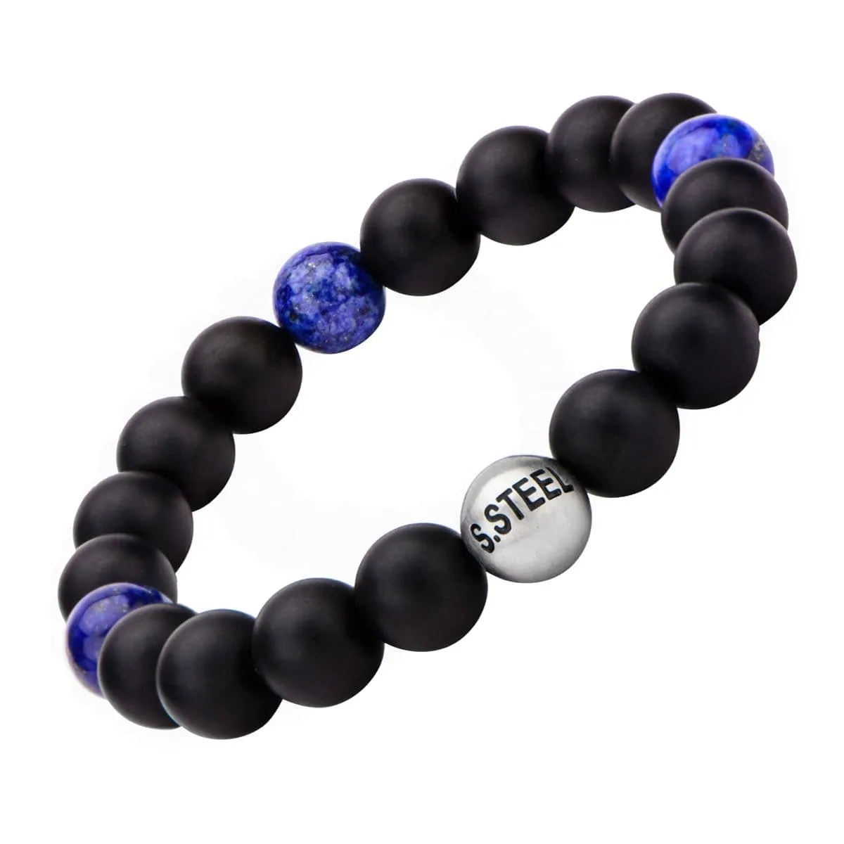 Silver Tone Stainless Steel Lapis Lazuli and Black Onyx Bead Stretch Bracelet