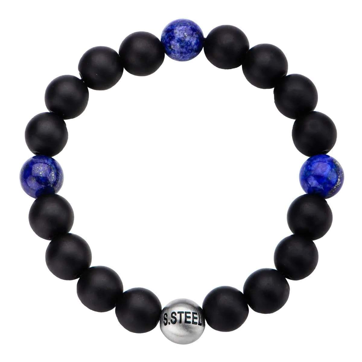 Silver Tone Stainless Steel Lapis Lazuli and Black Onyx Bead Stretch Bracelet