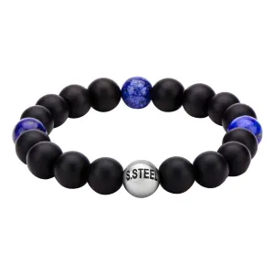 Silver Tone Stainless Steel Lapis Lazuli and Black Onyx Bead Stretch Bracelet