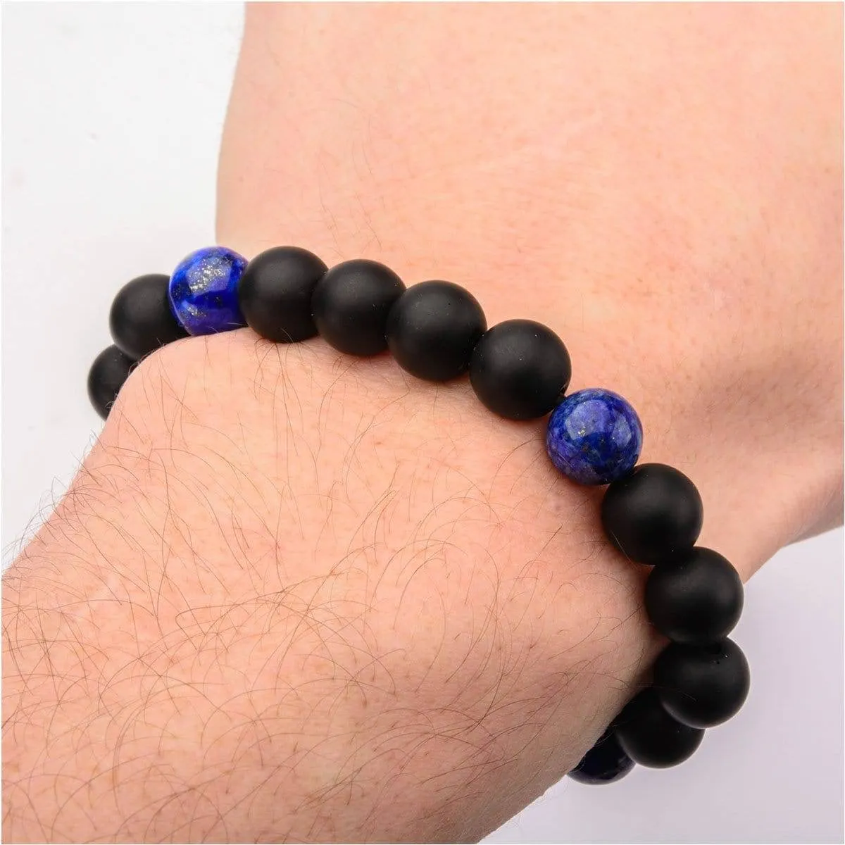 Silver Tone Stainless Steel Lapis Lazuli and Black Onyx Bead Stretch Bracelet