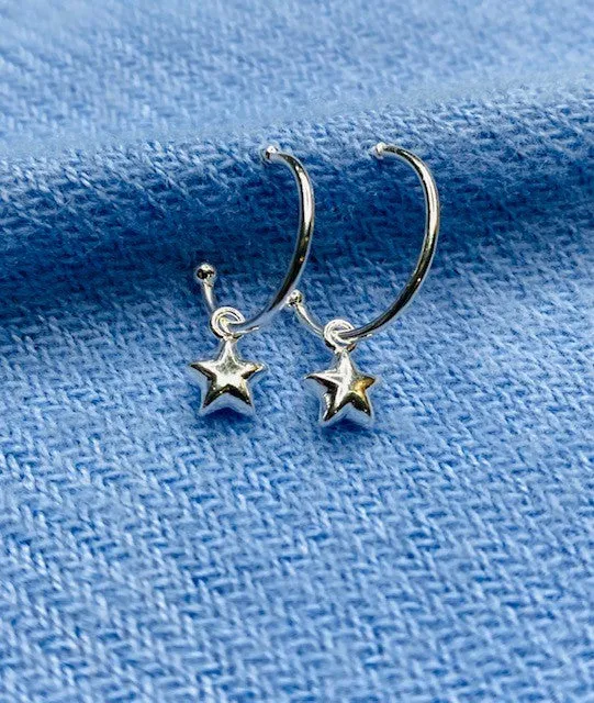 Star Charm Hoop Earrings in Silver