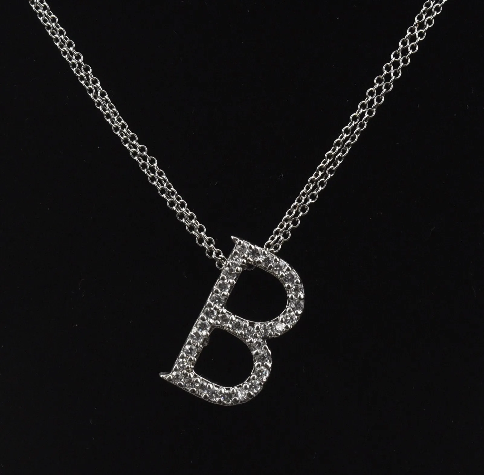 Sterling Silver Cubic Zirconia "B" Pendant on Double Strand Sterling Silver Chain Necklace - 20"