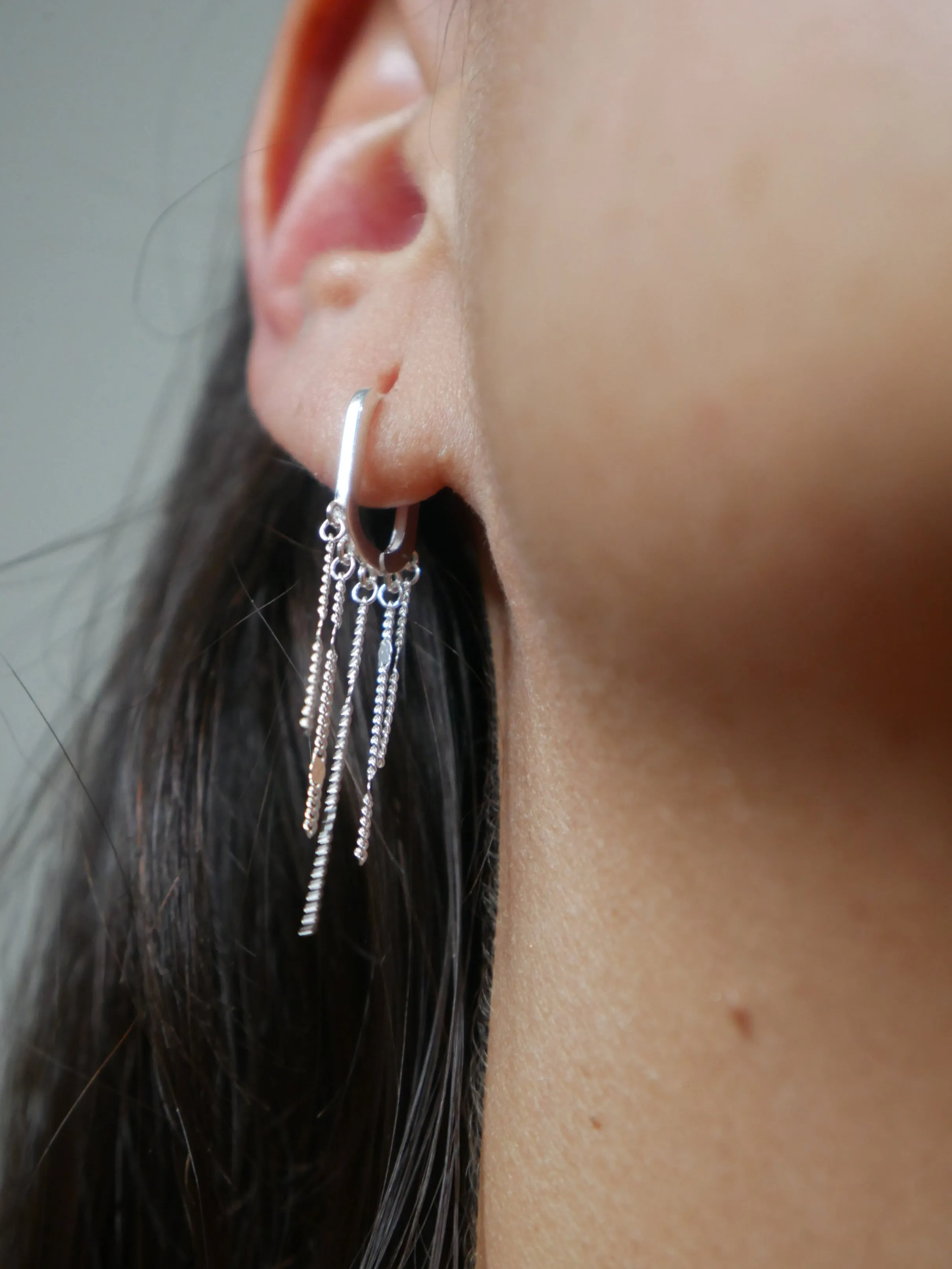 Tassel Fringe Earrings, 925 Sterling Silver Nickel Free Luxury Huggie Hoop Earrings