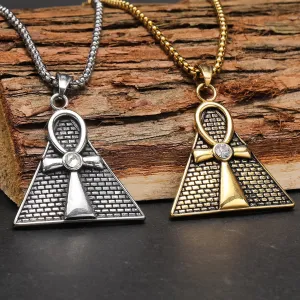 Titanium solid pendant with Key to Life and ancient Egypt pyramid