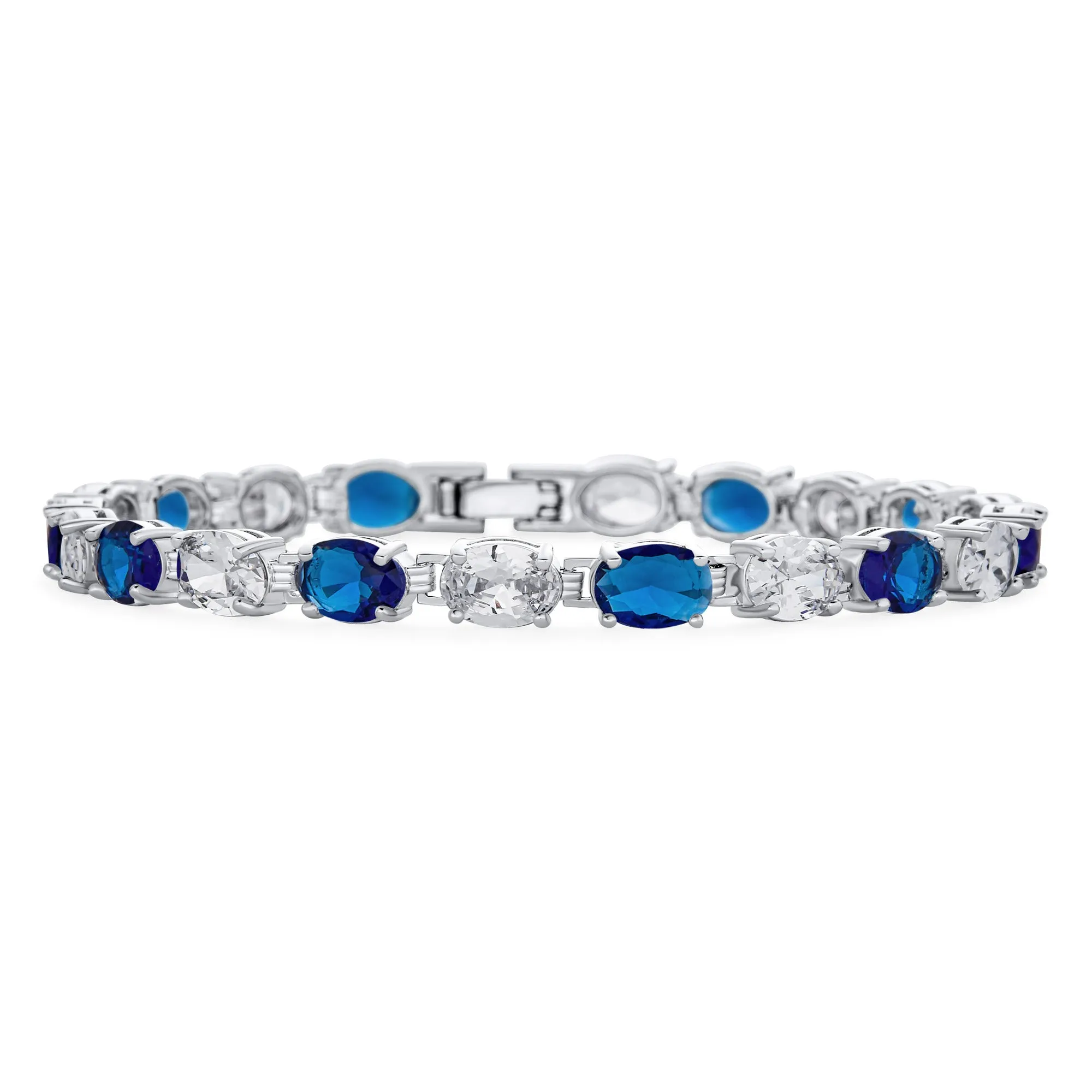 Traditional Bridal Vintage Style CZ Blue Sapphire Tennis Bracelet Silver Plated