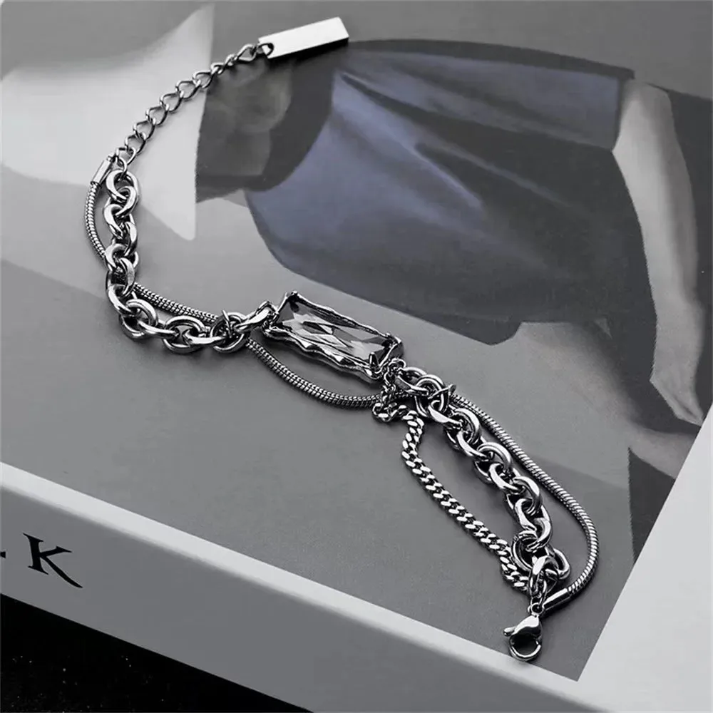 Trend Black Zircon Titanium Steel Bracelet For Men Women Korea Kpop Silver Color Geometric Splice Chain Bracelet Unisex Jewelry