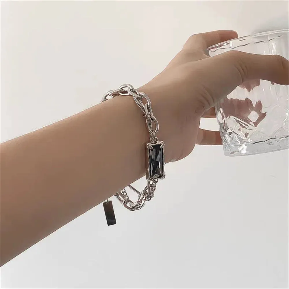 Trend Black Zircon Titanium Steel Bracelet For Men Women Korea Kpop Silver Color Geometric Splice Chain Bracelet Unisex Jewelry