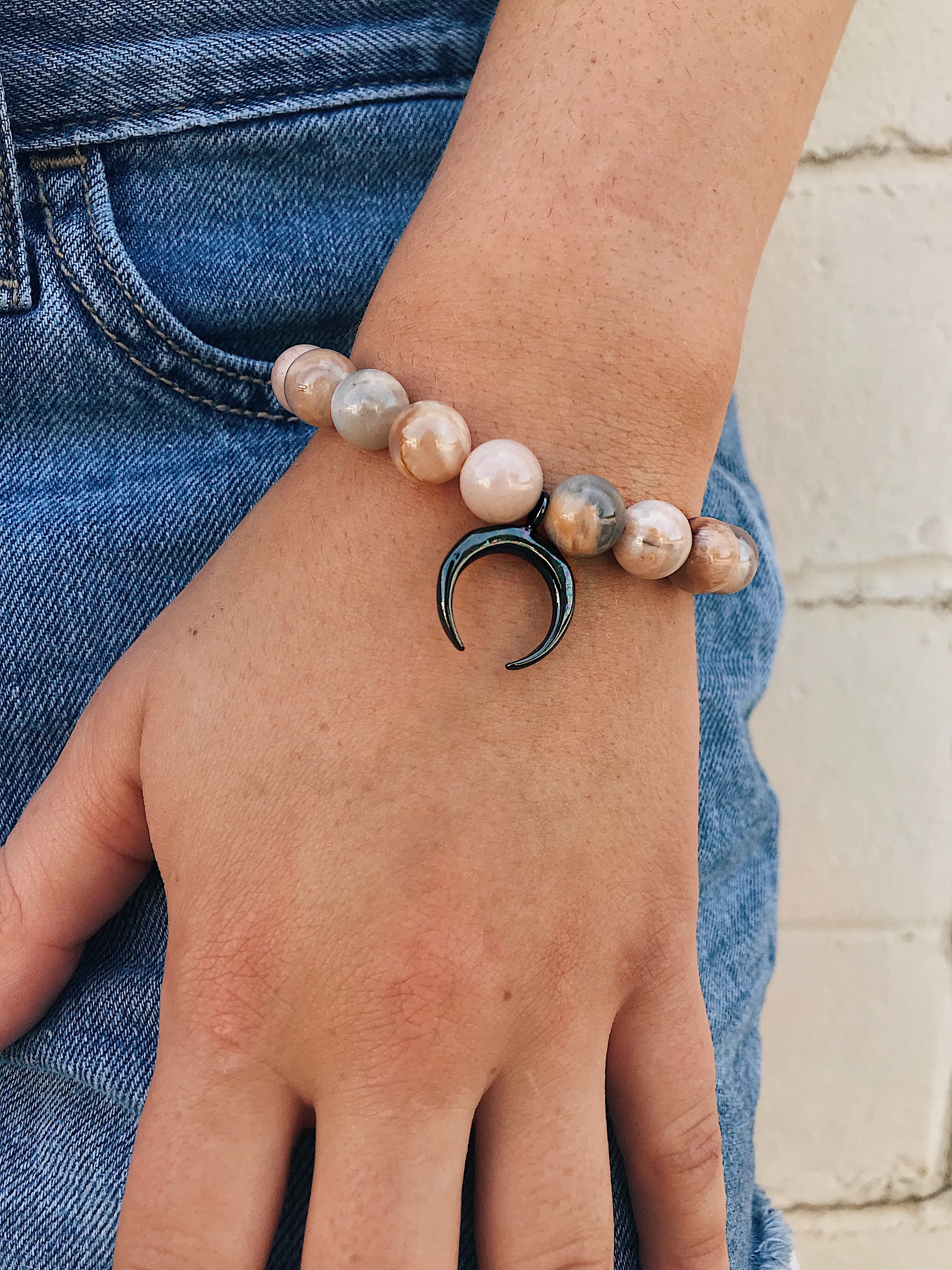 Various Gemstone Bracelet // Double Horn Charm