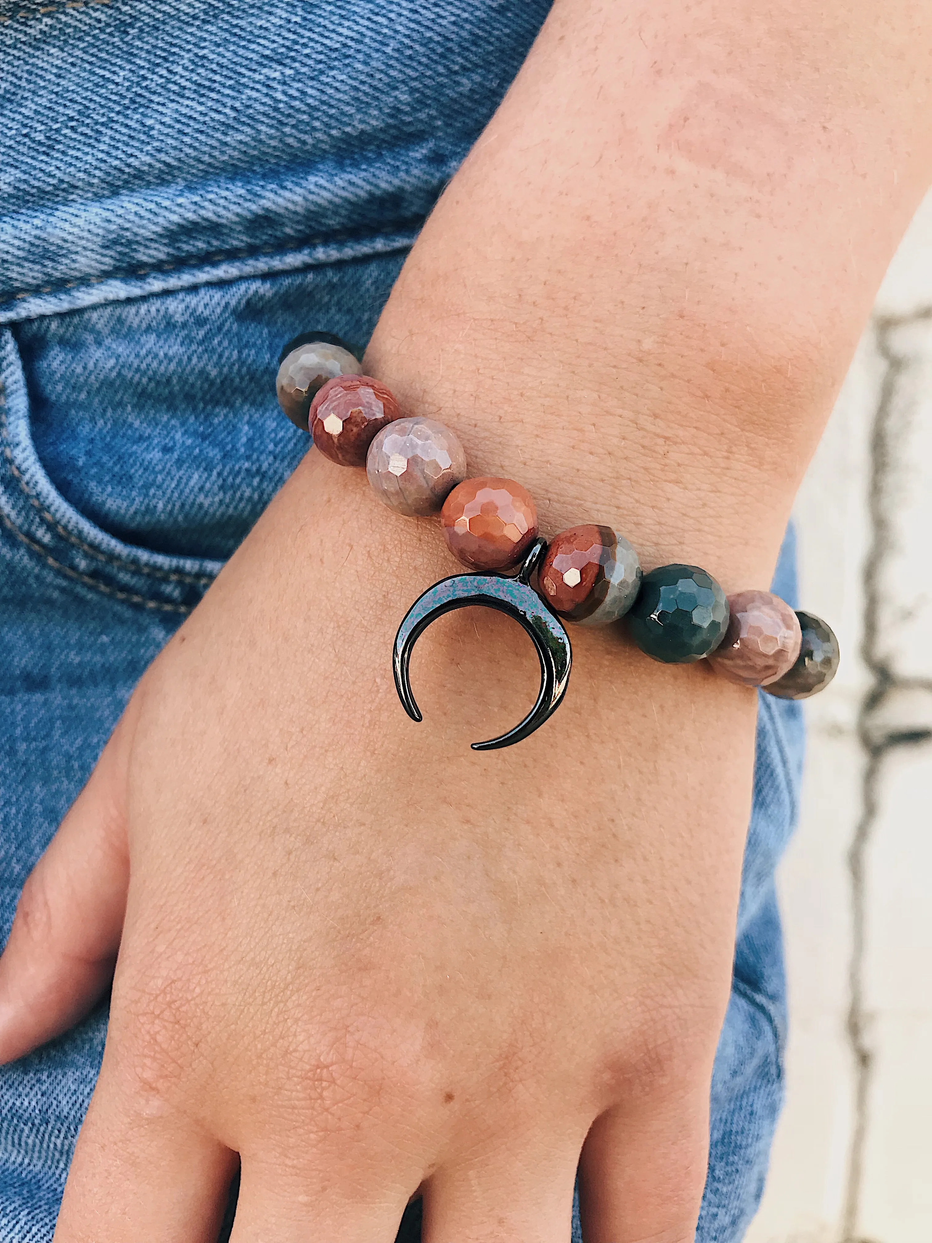 Various Gemstone Bracelet // Double Horn Charm