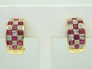 Vintage 14k Yellow Gold Ruby and Diamond Omega Earrings