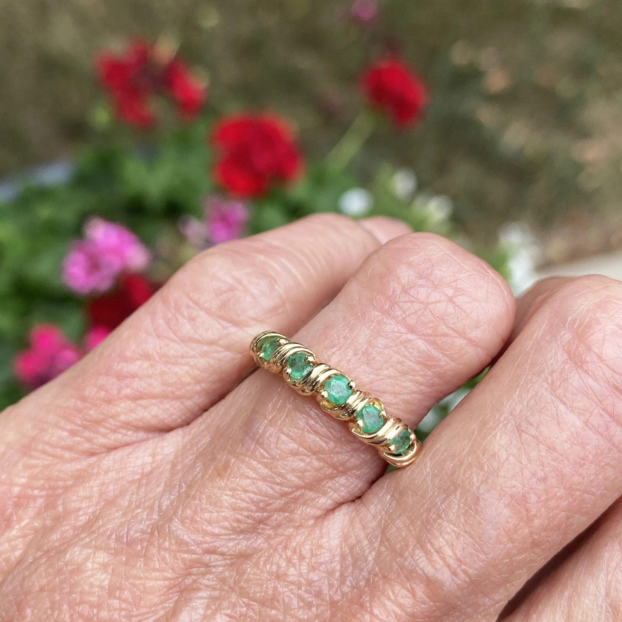 Vintage Gold Emerald Half Eternity Band Ring, Sz 6.5