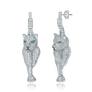 White Gold Plated with Emerald Eyes & Cubic Zirconia Panther Dangle Earrings in Sterling SIlver