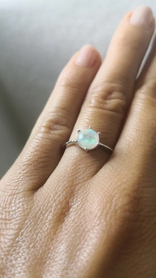 White Opal Ring, Stack Ring, Sterling Silver, Dainty Opal Ring, Minimal Ring, Elegant Opal Ring, Wedding Engagement Gift for Her, Mother